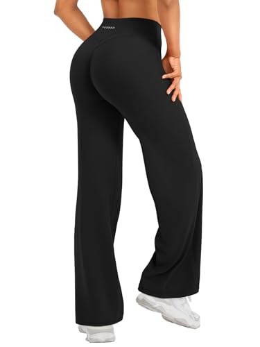 YEOREO Straight Leggings Damen Invisible Scrunch Hohe Taille Gym Pants No Front Seam Weitem Bein Yoga Hose Blickdicht Elastische Flared Leggings Soft Nahtlose Sport Schlaghose Schwarz M