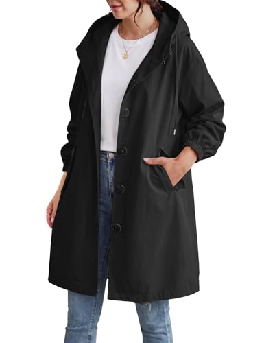 Vancavoo Trenchcoat Damen Lang Übergangsmantel Elegant Mantel Herbst Frühling Winddicht Sommermantel Jacke Leichte Damenmantel mit Kapuze,Schwarz,XXL