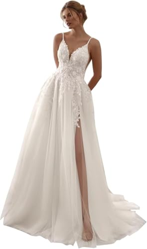 IUYRESX Brautkleider Schlicht Elegant Damen Brautkleider Spaghettiträger Boho Hochzeitskleider Spitze A-Linie Standesamt Kleider Elfenbein 44