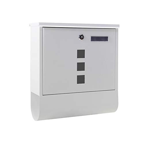 Wiltec Briefkasten mit Zeitungsrolle, weiß, 305 x 95 x 335 mm, Wandbriefkasten mit Namensschild, Sichtfenstern, Schloss und Zeitungsrolle, Postkasten aus pulverbeschichtetem Stahl
