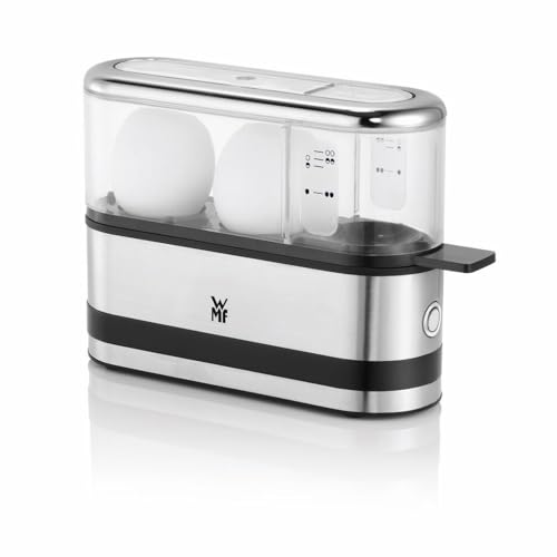 WMF Küchenminis Eierkocher aus Cromargan, kocht 1–2 Eier optimal weich, mittel oder hart, einfache Einstellung für optimal Ergebnisse, 250 W, Messbecher, Eipick, platzsparendes Design