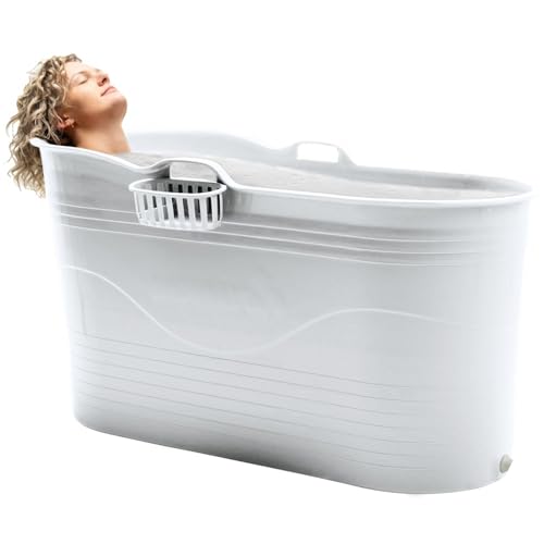HelloBath® Mobile Badewanne XL 121x56x64 cm für Erwachsene | Tragbare Sitzbadewanne mit verlängerbarem Ablaufschlauch (3 m) & Wasserhahn | Badewanne für Dusche & Outdoor | Greige