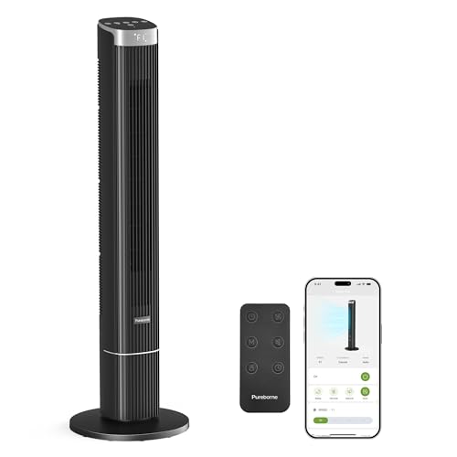 Pureborne 102CM Leiser Ventilator, 90° schwenkender Turmventilator mit Fernbedienung & App Steuerung, Blätterloser Ventilator, 4 Stufen & 4 Modi, 12h Timer Turmventilatoren für Schlafzimmer (Schwarz)