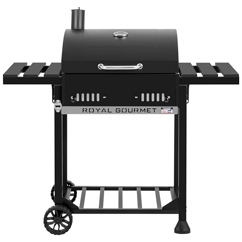 Royal Gourmet Holzkohlegrill Grillwagen mit klappbaren Seitenablagen, Smoker Standgrill mit Decekl, Thermometer, Kohlegrill Schwarz