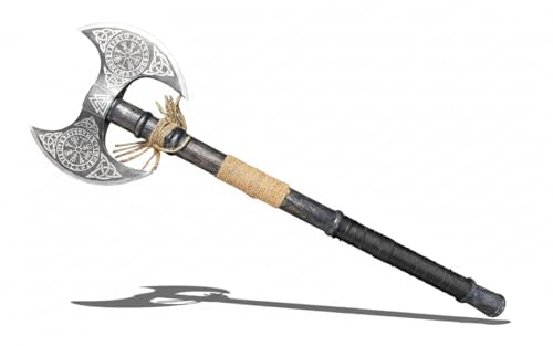 NovaHaven Doppelkopf-Wikingeraxt – Handgeschmiedete Axt aus Kohlenstoffstahl mit Eschenholzgriff, Lederwicklung & Lederscheide – Ideal für Sammler, Outdoor & als Geschenk