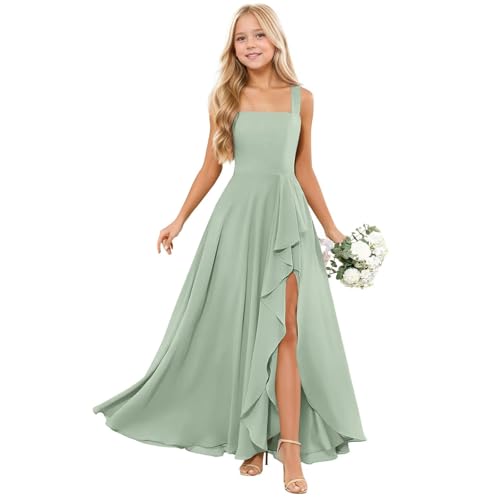 LECOYOYO Junior Brautjungfernkleider Teen Mädchen Lange Chiffon Blumenmädchen Kleider Rüschen Hochzeitskleid Sage Grün 11