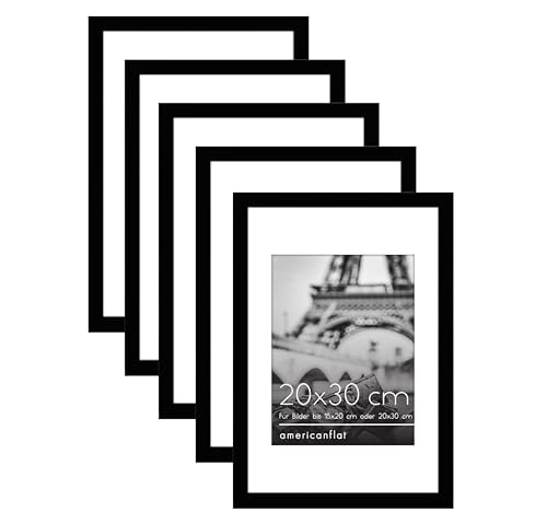Americanflat Bilderrahmen 20x30 cm in Schwarz – Bilderrahmen 15x20 cm mit Passepartout und 20x30 cm ohne Passepartout – Set mit 5 Rahmen mit Widerstandsfähiges Acryl und Sägezahn-Aufhängung