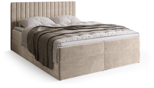 BROMARKT Boxspringbett mit Bettkasten Polsterbett mit Bonell-Matratze und Topper Doppelbett mit Stauraum Bett für Schlafzimmer gepolstertes Kopfteil Dream 160x200 Härtegrad H3 Samtstoff Beige