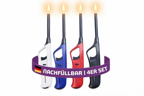 UNILITE 4 x Stabfeuerzeug mit Soft Flame – langes Feuerzeug mit Stab 27,6 cm lang – Elektronik Feuerzeuge – 4 Stück im Set schwarz weiß blau rot – Elekt-rofeuerzeuge mit Gas befüllt & nachfüllbar