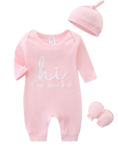 KIDDLETOWN Schlafanzug Baby, Strampler Neugeborene, 3er Pack Schlafstrampler mit Hut und Handschuhe, Baumwolle Baby Schlafanzug Langarm Pyjamas Strampler 0-3 Monate Kleidung für Mädchen und Jungen