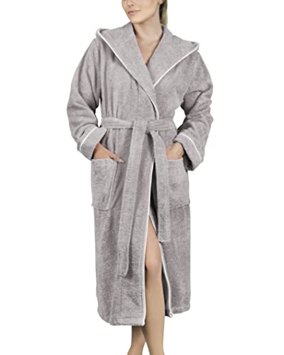 LAYNENBURG Bademantel Damen Frottee - Kapuze - Lang - 100% Baumwolle (360g/m2) - OEKO TEX Standard 100 - Größe (M, Grau)