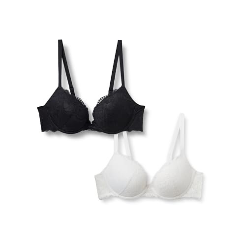 Amazon Essentials Damen Push-Up-BH Mit Kordelzug Aus Elastischer Spitze, 2er-Pack, Schwarz/Weiß, 75B