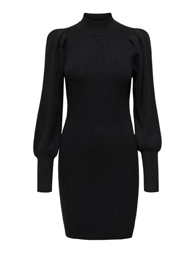 ONLY Damen Langarm Strickkleid | Regular Fit Mini Pullover Dress | Rundhals Stehkragen Shirt ONLKATIA, Farben:Schwarz, Größe:M