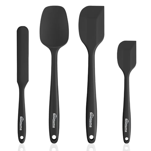 NileHome Silikon Spatel Set, Hochhitzebeständiges Premium BPA-freies einteiliges nahtloses Design, Antihaftgummi mit 18/8 Edelstahlkern, Koch-/Backgeschirr Set von 4, Schwarz