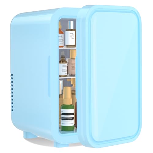 YASHE Mini-Kühlschrank, 6 Liter/8 Dosen, 220–240 V AC/DC, tragbarer thermoelektrischer Kühler, Kühlschränke für Schlafzimmer, Hautpflege, Getränke, Büro, Wohnheim und Auto, blau