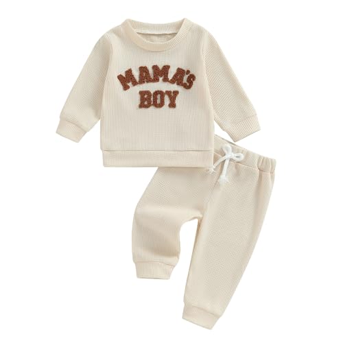 Geagodelia Baby Jungen Kleidung Babykleidung Outfit Set Mama's Boy Langarmshirt Sweatshirt + Hose Neugeborene Weiche Babyset Zweiteiler (B - Beige, 6-12 Monate)