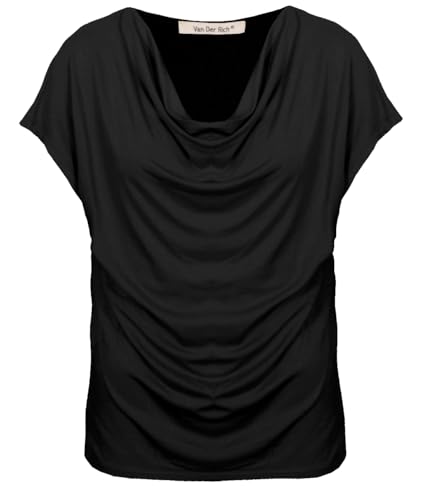 Van Der Rich ® - T-Shirt mit Wasserfallkragen Kurze Ärmel - Damen (Schwarz, XXL)