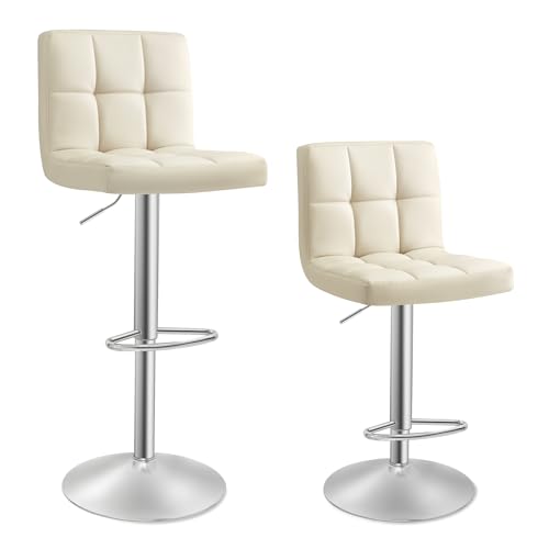 SONGMICS Barhocker 2er Set, höhenverstellbare Barstühle mit PU-Bezug, 360° Drehstuhl, Küchenstühle mit Rückenlehne und Fußstütze, Esszimmer, Tresen, Stahl, sandbeige LJB064K03