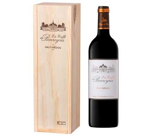 Geschenkset in Holzkiste – Rotwein Trocken – La Griffe de Barreyres – Haut Médoc AOP – Jahrgang 2018 – Terra Vitis