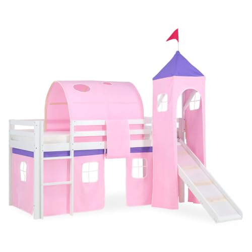 Homestyle4u 1575, Kinder Hochbett Mit Rutsche, Leiter, Turm,Tunnel, Vorhang Rosa, Massivholz Weiß, 90x200 cm