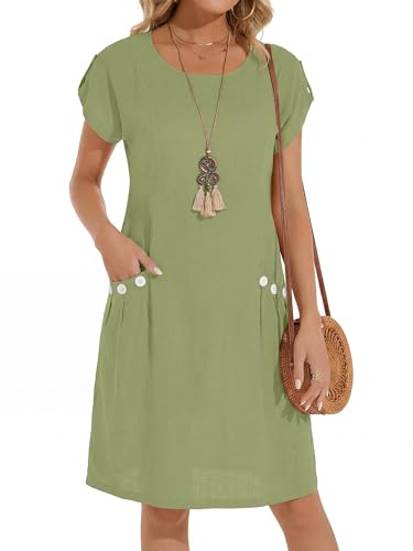 Sommerkleid Damen Leinen Rundhals Knielang Freizeitkleid A-Line Kurzarm Classics Midi Strand Kleider（Grün，Large）