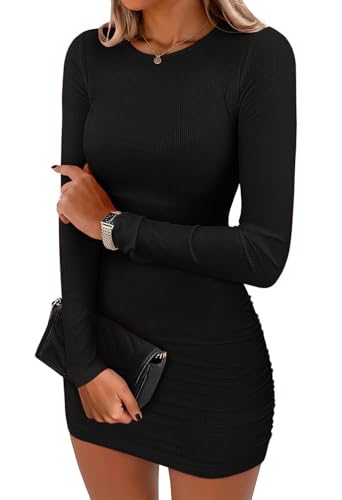 VAFFUL Langarmshirt Damen Gerippt Kleid Sexy Langarm Minikleid Rundhalsausschnitt Elegante Bodycon Kleid Kurz Enges