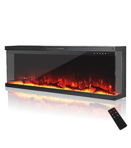 MachenFlame 127 cm (50 Zoll) elektrischer Kamin, 3-seitig, Panorama-Glaseinsatz zur Wandmontage, mit 9-Farbiger Flamme, unabhängiger Kaminheizer, 900 W / 1800 W, Schwarz