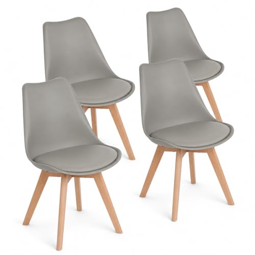 EGGREE Set mit 4 Küchenstühlen, Skandinavisches Design, SGS-geprüft, Retro-Stühle, gepolsterte Bürostühle, Beine aus massivem Buchenholz, grau