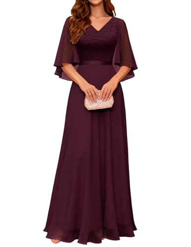 DRESSTELLS Ballkleider Damen Lang Chiffon Ärmeln Abendkleid Elegant Hochzeitsgast Burgundy M