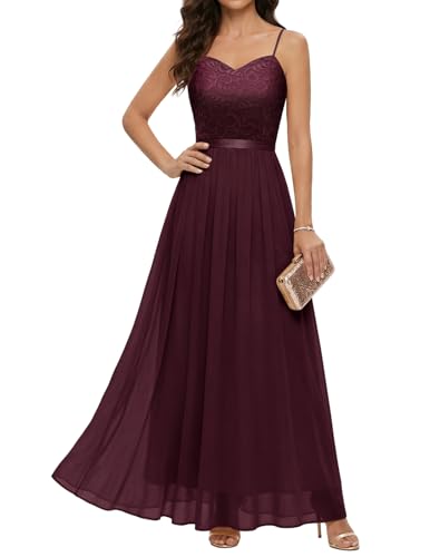 DRESSTELLS Abendkleider Damen Lang Festlich Kleider für Hochzeit Ballkleid Bodenlang Brautkleid Elegant Sommerkleider mit Träger Hochzeitsgastkleider Burgundy M