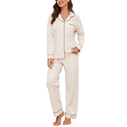 U2SKIIN Schlafanzug Damen lang 100% Baumwolle, Pyjama Damen weiche Pyjamas Set leichte Nachtwäsche Schlafanzüge für Frauen Zweiteiler Pyjama Set (Beige, M)