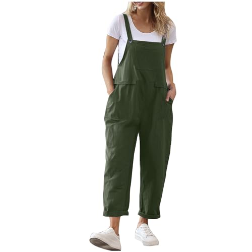 Damen Latzhose, Oversize Jumpsuit für Damen Baumwolle Und Leinen Jumpsuit mit Große Taschen Einfarbig Sommerhose Verstellbarer Riemen Stoffhose Mode Strandhose