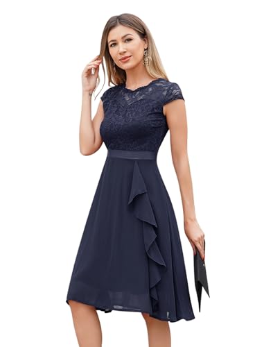 Odizli Cocktailkleid Damen Elegant Kurzarm Spitze Rüschen Chiffonkleid Hochzeitsgast Festlich Hochzeit Kurz Abendkleid Ballkleid Konfirmationskleider Abschlusskleid Jugendweihe Kleider Dunkelblau M
