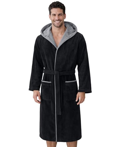Morgenstern Bademantel Herren Kapuze 100% Baumwolle Frottee Oeko-Tex Velours Morgenmantel Lang Finn Schwarz L