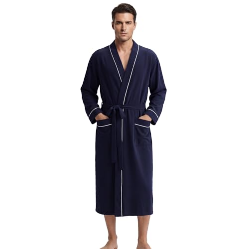 U2SKIIN Herren Bademantel 100% Baumwolle Leicht lang Bademantel Kimono Kragen Weich Hautfreundlich Spa Robe (Marineblau, L/XL)