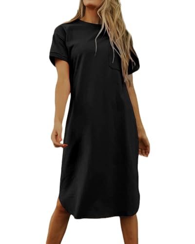 Imily Bela Dame Tshirt Kleid Sommer Shirtkleid Baumwolle Kurzarm Rundhals Minikleider Freizeitkleid mit Taschen.Schwarz.M
