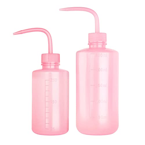 SKYPRO 250 ml + 500 ml Kunststoff-Sicherheits-Waschflasche, rosa Labor-Quetschflasche mit schmaler Öffnung und Skalenetiketten, Spritzflasche für Pflanzen, Blumen, Sukkulenten, 2 Packungen