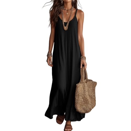 Sommerkleid Damen Ärmelloses Cami-Kleid Strandkleid Damen Boho Swing Ärmellos Lang Maxi Lässig Für Urlaub Strand Haus Einfarbig Locker Spaghettiträger Kelid