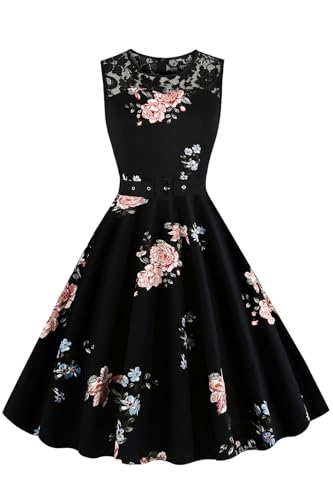 AXOE Damen Rockabilly Kleid 50er Jahre Outfit Vintage A-Linie Festlich mit Gürtel Elegant Cocktailkleid für Hochzeit Schwarz mit Blumenmuster F4, Gr.36, S