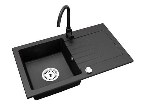 Faizee Granitspüle 75 x 44 cm Nachtschwarz – inklusive Armatur Genial in Schwarz – eckige Einbauspüle aus Granit – beidseitig montierbar, kratzfest, hitzebeständig – modernes Spülbecken