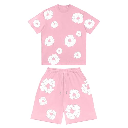 Herren T-Shirt und Shorts Set 2 Teiliges Sommer Jogginganzug Y2K Kurzarm T-Shirts und Kurze Hose Zweiteiler Herren Blumen Outfits Sportanzug Trainingsanzug Hip Hop Streetwear (S)