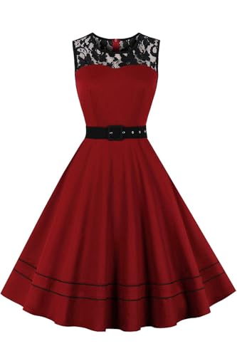 AXOE Damen Rockabilly Kleid 50er Jahre Outfit Vintage A-Linie Festlich mit Gürtel Elegant Cocktailkleid für Hochzeit Weinrot, Gr.40, L