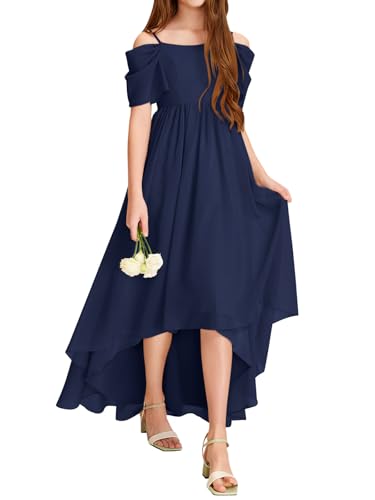 Haloumoning Mädchen Kleider Schulterfrei Sommer Festlich Kleid Kinder Einfarbig Partykleid Elegant Blumenmädchenkleid Geburtstag Trägerkleid, Dunkelblau, 10-12 Jahre