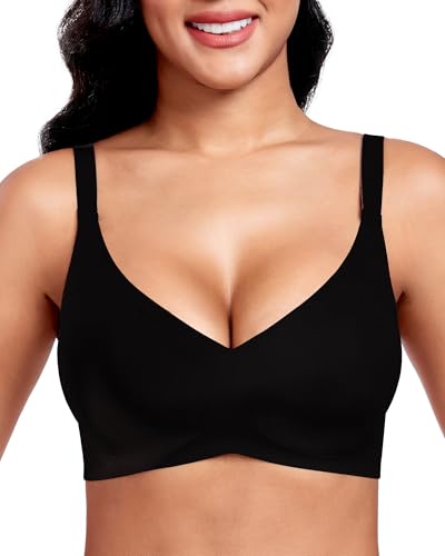 Vinfact Nahtloser BH Damen Ohne Bügel Push up BH Damen Große Brüste Starker Halt V-Ausschnitt Bügelloser BH Seamless Bequem BH T Shirt Schlaf BH Gepolstert Bralette (BK,L)