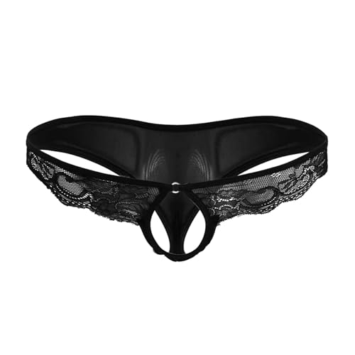 EROSPA® Herren Dessous Spitzen-String mit Penis Hoden Öffnung Slip schwarz Männer Men (Schwarz)