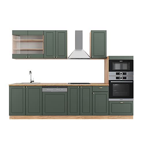 Vicco Küchenzeile Fame-Line, Grün-Gold Landhaus/Goldkraft Eiche, 300 cm mit Hochschrank, ohne Arbeitsplatte, zur individuellen Erweiterung durch kompatible Zusatzmodule