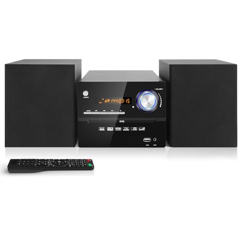 Kompaktanlage mit CD-DVD-Player, JOVELL Retro HiFi Musikanlage Heimlautsprecher 30W mit Bluetooth/CD-DVD-Player/FM-Radio/Aux-Eingang/USB-Eingang/MIC-Eingang/RCA-Ausgang, 3-Teiliges Stereoanlage