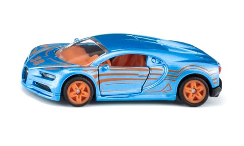 siku 1508, Bugatti Chiron Sportwagen, Spielzeugauto für Kinder, Metall/Kunststoff, Blau/Orange, Öffnende Türen