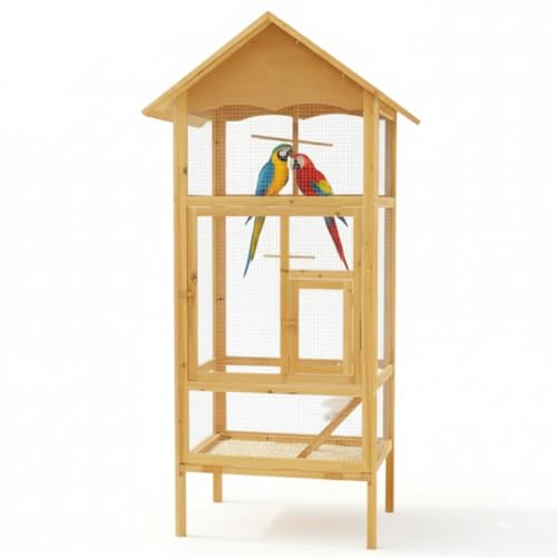 Mucola Vogelvoliere Holz großer Vogelkäfig mit 2 Türen Vogelhaus mit Sitzstangen, Leiter und Kotschublade Außenvoliere 74 x 74 x 194 cm Zuchtkäfig Vogelhaus