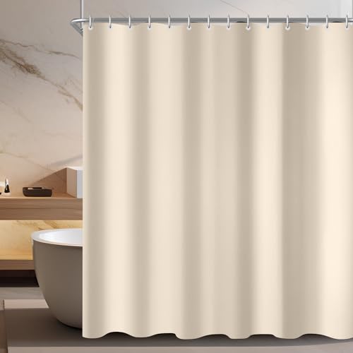Lerores Duschvorhang 180x200cm Beige, Beschwerter Saum Antischimmel Textil, Wasserabweisend, Waschbar Polyester Stoff Badevorhänge für Badezimmer, Badewanne mit 12 Duschvorhangringe